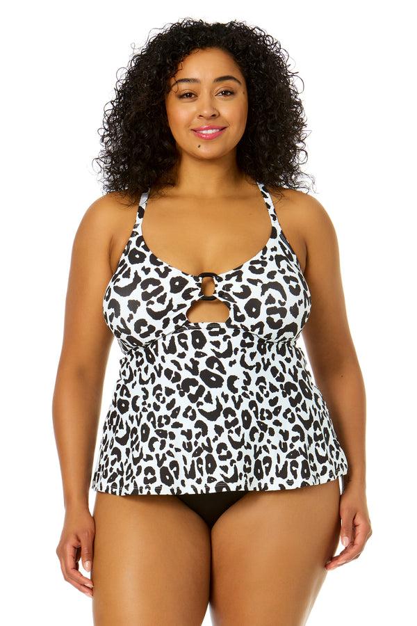 anne cole Women's Plus Size Wild Cat Ring Easy Tankini Swim Top