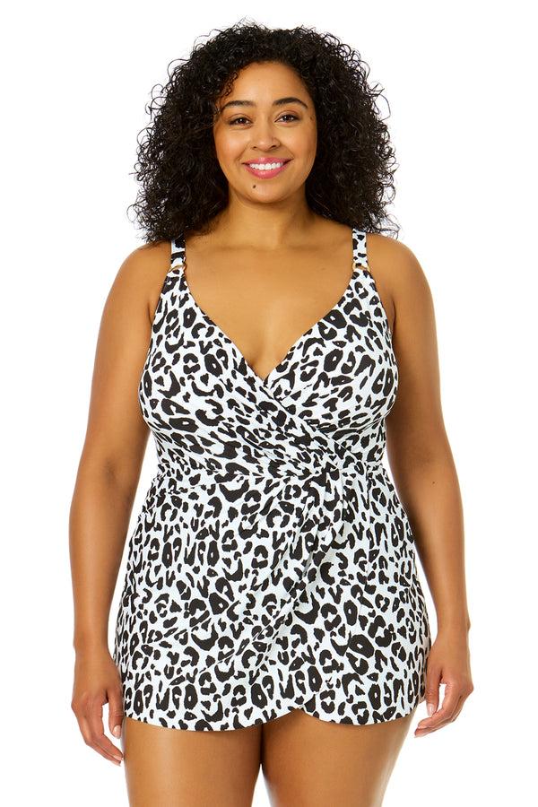 anne cole Women's Plus Size Wild Cat Swim Dress With Skirted Bottom