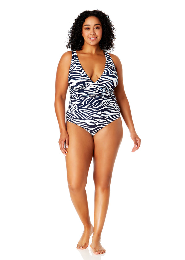 Anne Cole Women's Plus Size Zebra Shadow Soft Band Shirred One Piece Swimsuit