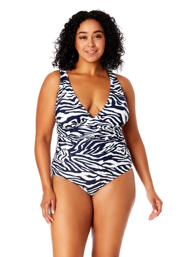anne cole Women's Plus Size Zebra Shadow Soft Band Shirred One Piece Swimsuit