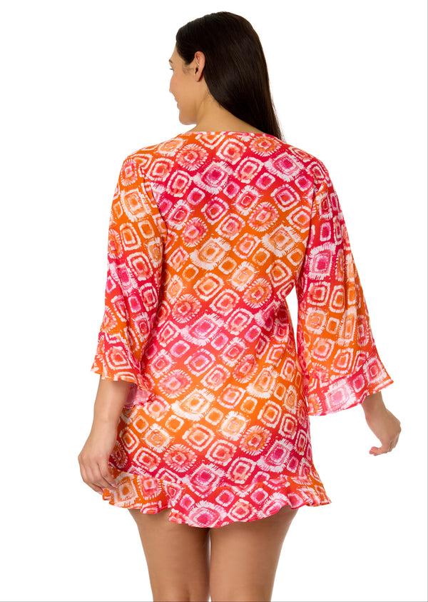 Anne Cole Women's Plus Tie Dye Foulard Flounce V Neck Tunic Swimsuit Cover Up