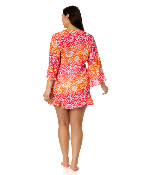 Anne Cole Women's Plus Tie Dye Foulard Flounce V Neck Tunic Swimsuit Cover Up
