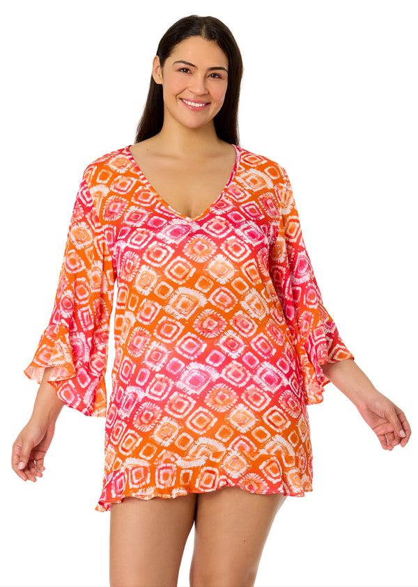 anne cole Women's Plus Tie Dye Foulard Flounce V Neck Tunic Swimsuit Cover Up