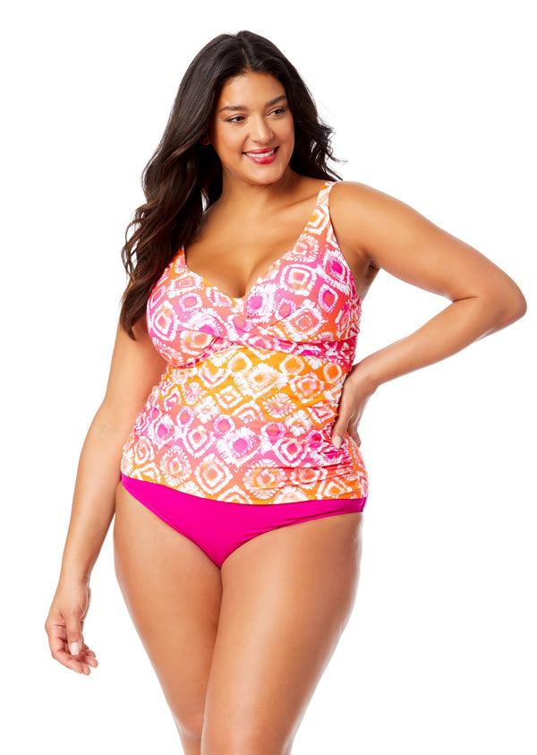 anne cole Women's Plus Tie Dye Foulard Hidden Underwire Drape Front Tankini Swim Top