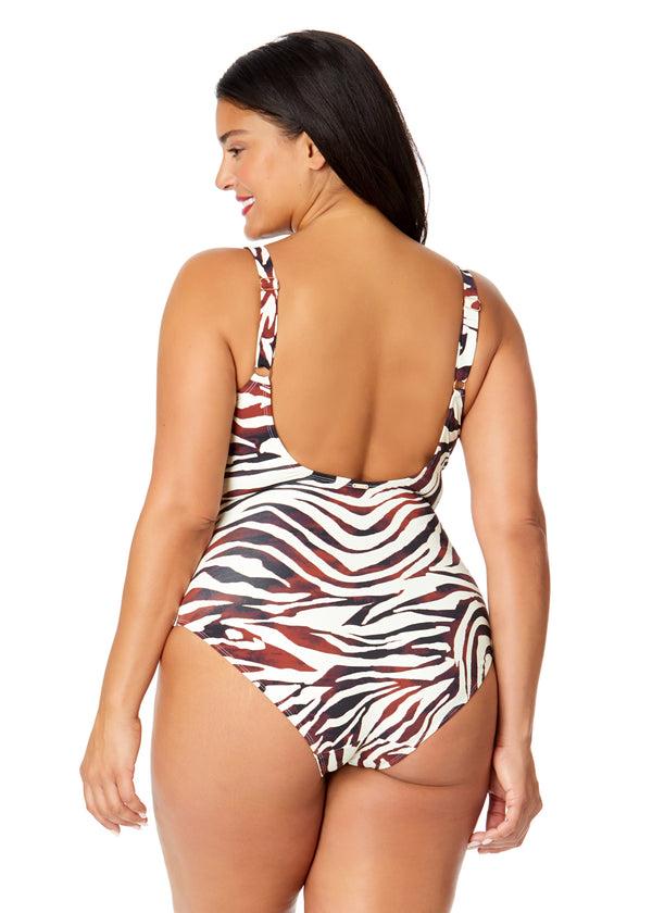 Anne Cole Women's Plus Tiger Dance Plunge Twist One Piece Swimsuit