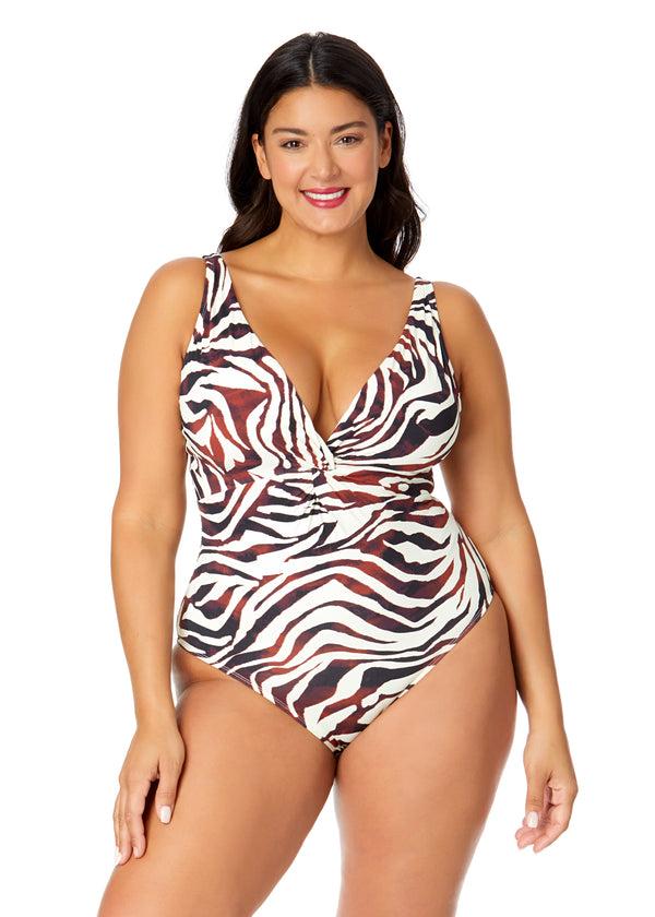 anne cole Women's Plus Tiger Dance Plunge Twist One Piece Swimsuit