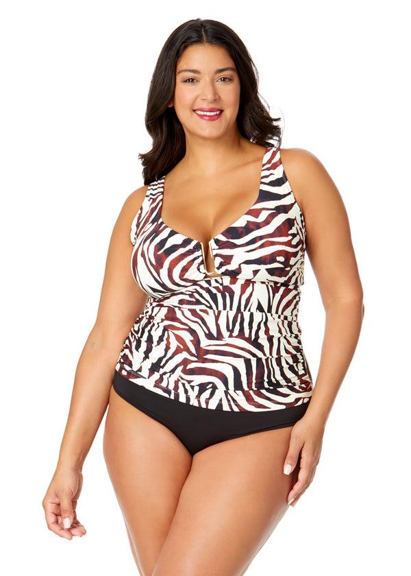 anne cole Women's Plus Tiger Dance Ring Front Tankini Swim Top