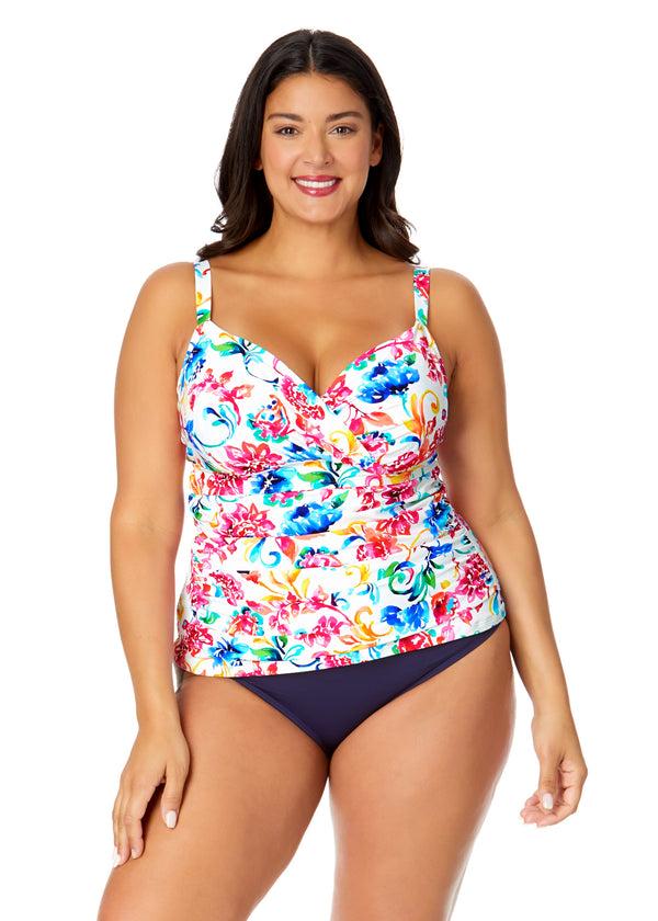 anne cole Women's Plus Watercolor Paisley Twist Front Underwire Tankini Swim Top