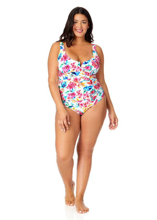 Anne Cole Women's Plus Watercolor Paisley V-Wire One Piece Swimsuit