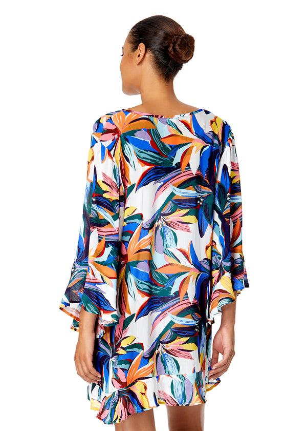 Anne Cole Women's Riviera Floral Flounce V Neck Tunic Swimsuit Cover Up