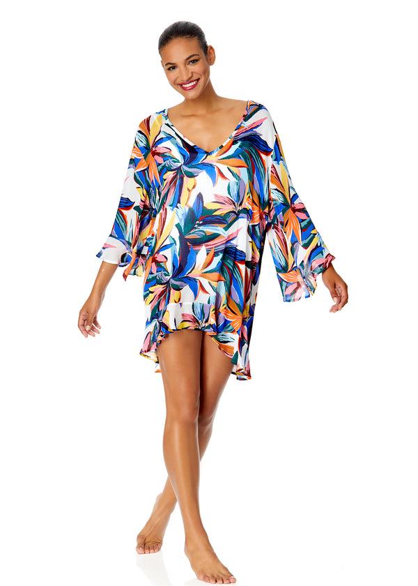 Anne Cole Women's Riviera Floral Flounce V Neck Tunic Swimsuit Cover Up