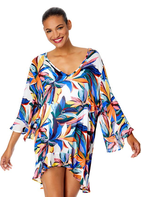anne cole Women's Riviera Floral Flounce V Neck Tunic Swimsuit Cover Up