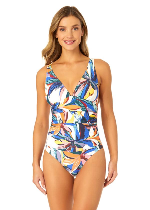anne cole Women's Riviera Floral Soft Band Shirred One Piece Swimsuit