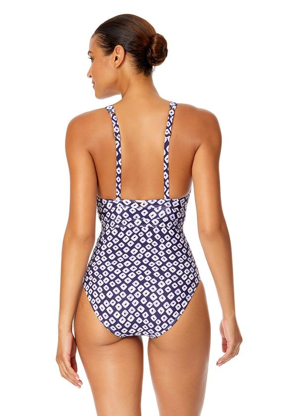 Anne Cole Women's Shibori Geo Double Ring Plunge Front One Piece Swimsuit