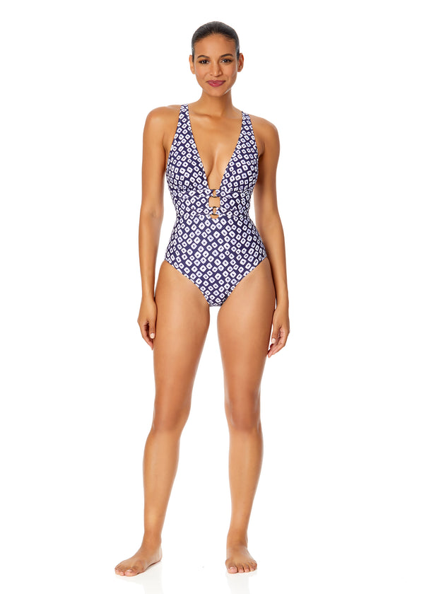Anne Cole Women's Shibori Geo Double Ring Plunge Front One Piece Swimsuit