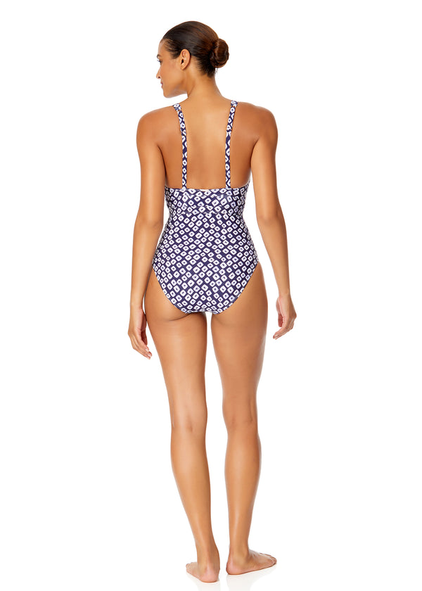 Anne Cole Women's Shibori Geo Double Ring Plunge Front One Piece Swimsuit