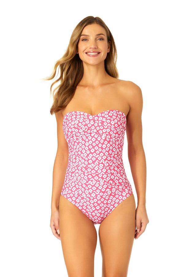 anne cole Women's Shibori Geo Twist Front Shirred One Piece Swimsuit