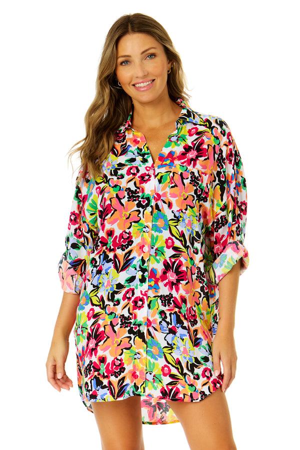 anne cole Women's Sun Blossom Button Down Shirt Swimsuit Cover Up