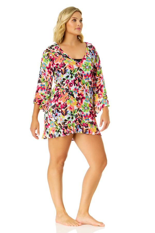 Anne Cole Women's Sun Blossom Flounce V Neck Tunic Swimsuit Cover Up