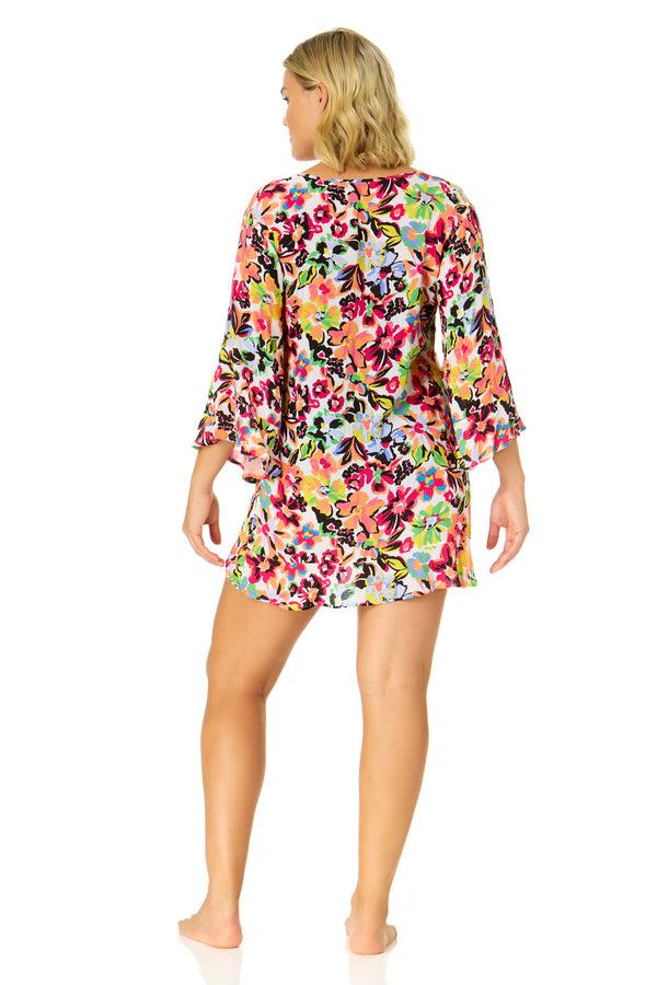 Anne Cole Women's Sun Blossom Flounce V Neck Tunic Swimsuit Cover Up