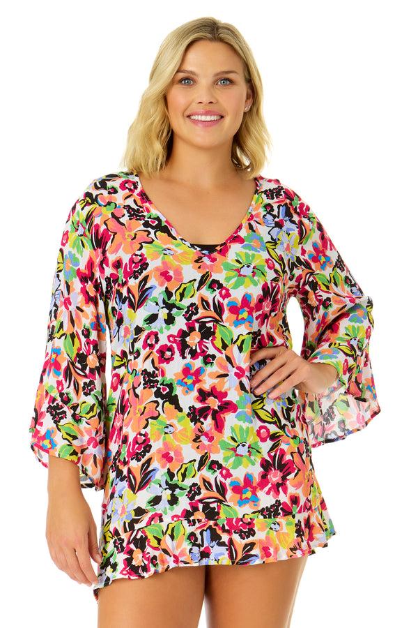 anne cole Women's Sun Blossom Flounce V Neck Tunic Swimsuit Cover Up