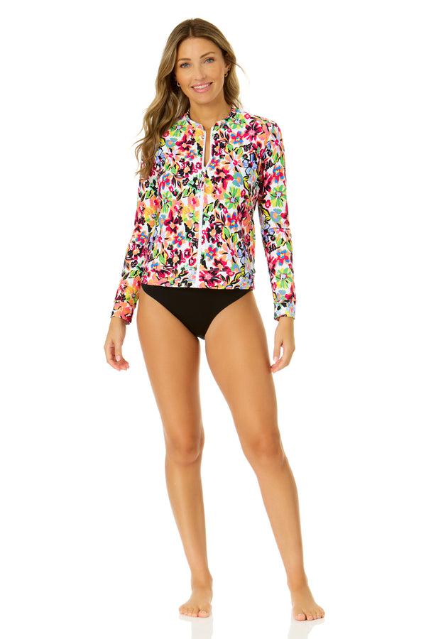 Anne Cole Women's Sun Blossom Long Sleeve Zip Front Rash Guard Top