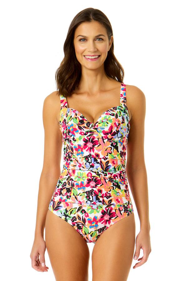 anne cole Women's Sun Blossom Retro Twist Front Shirred One Piece Swimsuit