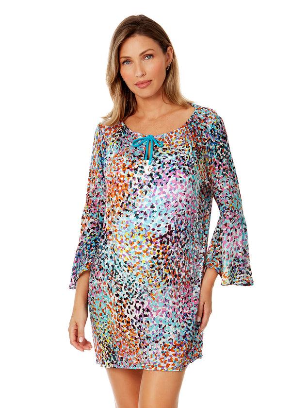 anne cole Women's Sunset Dot Bell Sleeve Tunic Swimsuit Cover Up