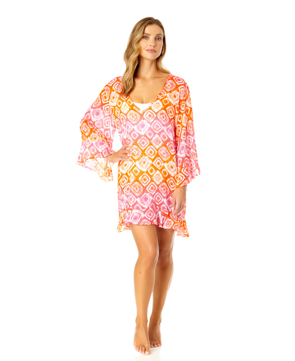 Anne Cole Women's Tie Dye Foulard Flounce V Neck Tunic Swimsuit Cover Up