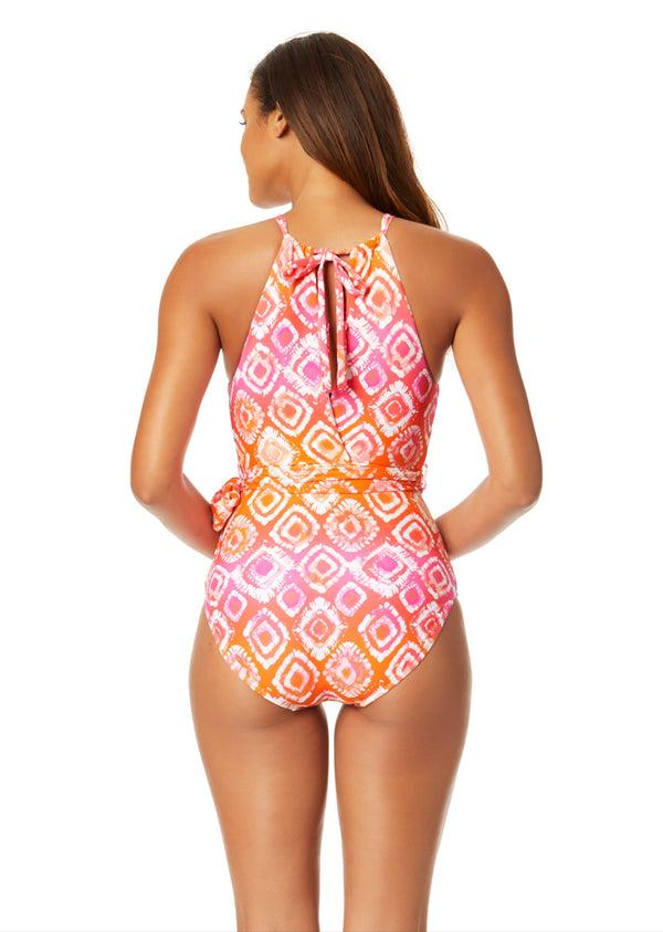 Anne Cole Women's Tie Dye Foulard High Neck Plunge One Piece Swimsuit