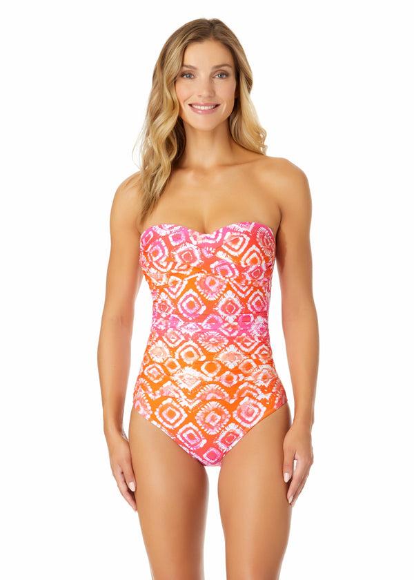 anne cole Women's Tie Dye Foulard Twist Front Shirred One Piece Swimsuit