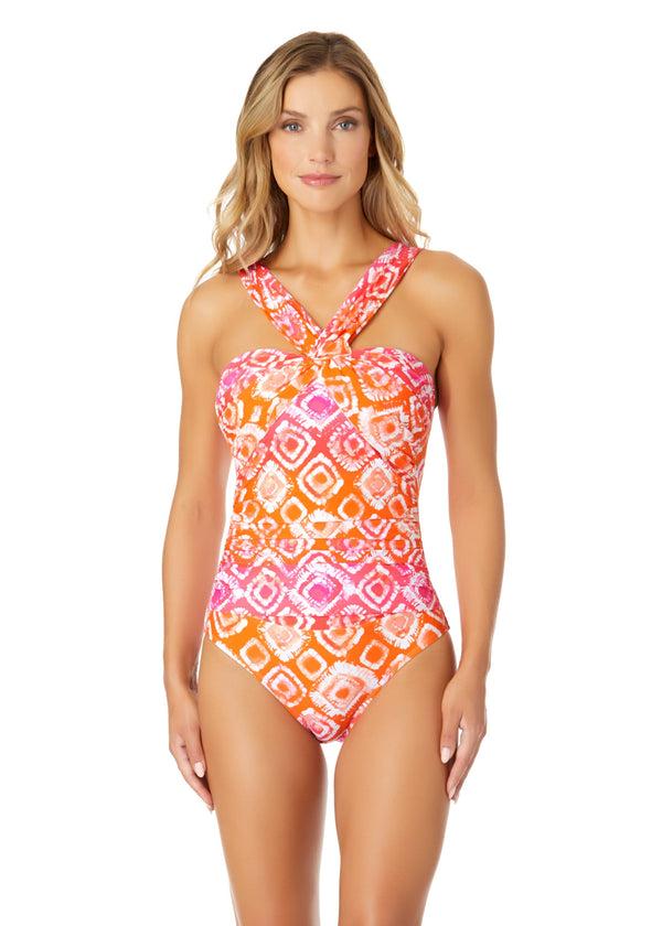 anne cole Women's Tie Dye Foulard Twist Shirred One Piece Swimsuit