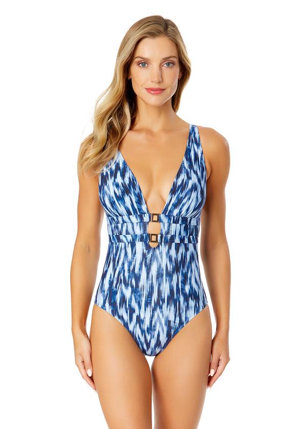 anne cole Women's Tie Dye Ikat Double Ring Plunge Front One Piece Swimsuit