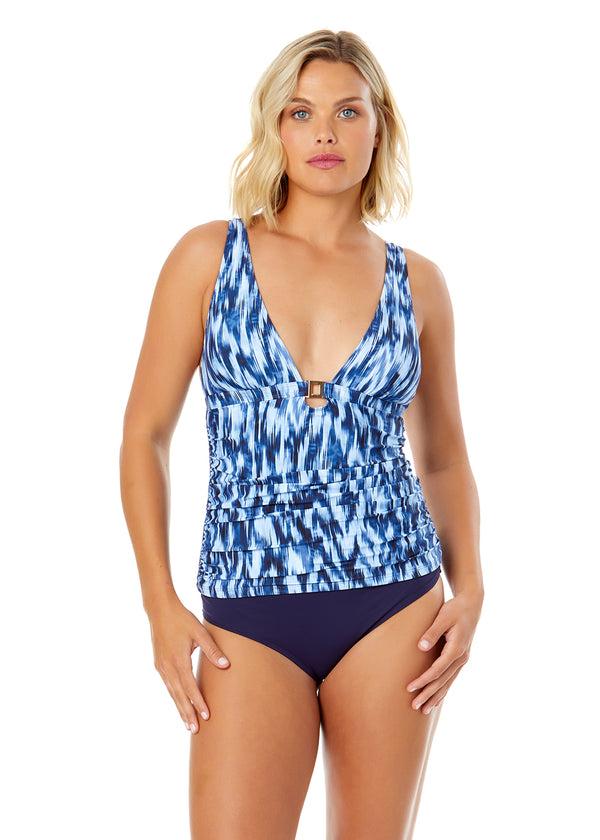 anne cole Women's Tie Dye Ikat Ring Plunge Tankini Swim Top