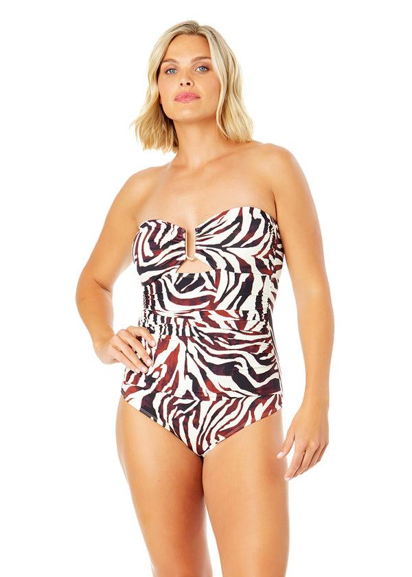 anne cole Women's Tiger Dance Ring Front Bandeau One Piece Swimsuit