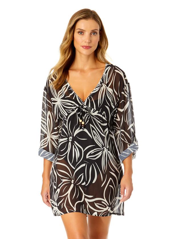 Anne Cole Women's V Neck Roll Tab Sleeve Pocket Dress Cover Up