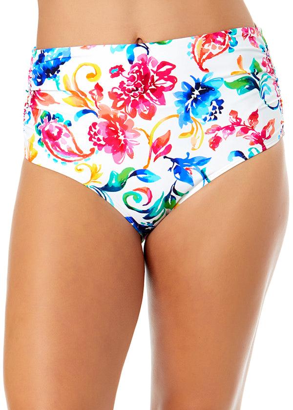 anne cole Women's Watercolor Paisley Fold Over High Waist Shirred Bikini Swim Bottoms