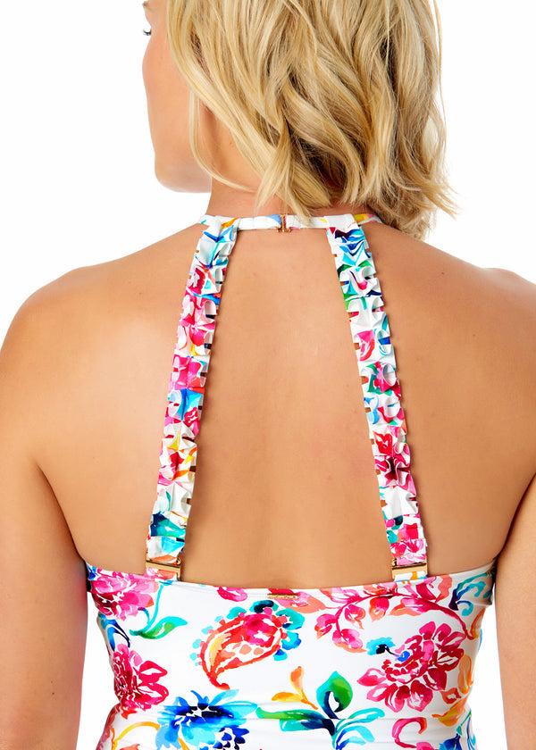 Anne Cole Women's Watercolor Paisley High Neck With Ruffled Straps One Piece Swimsuit