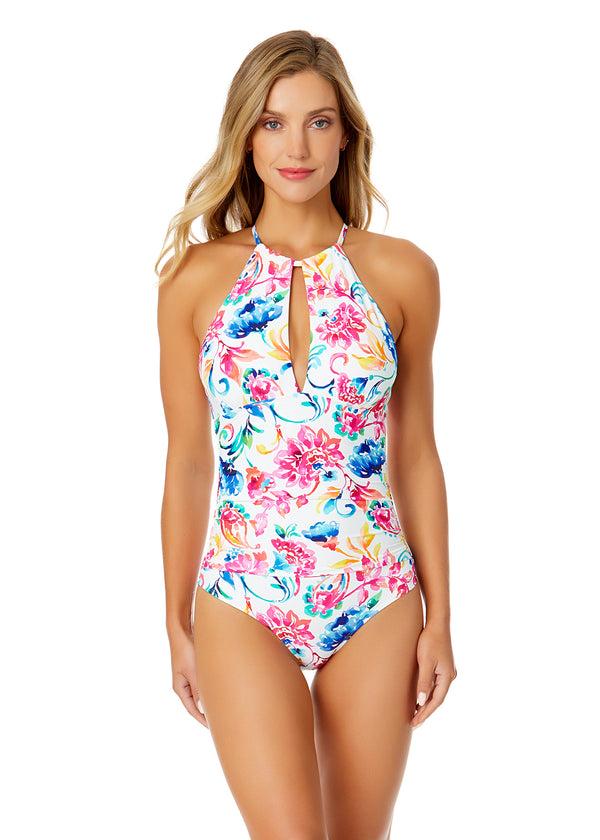 anne cole Women's Watercolor Paisley High Neck With Ruffled Straps One Piece Swimsuit