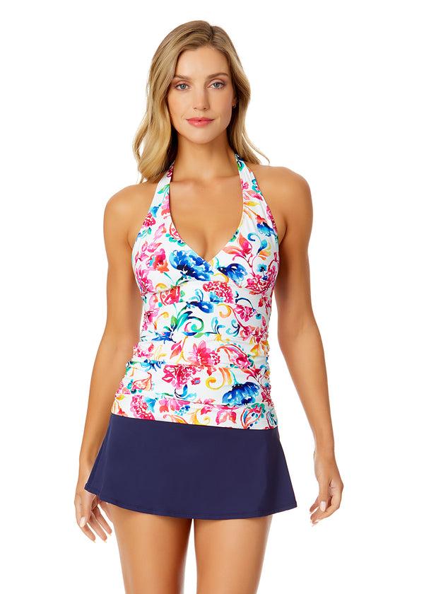 anne cole Women's Watercolor Paisley Marilyn Halter Tankini Swim Top