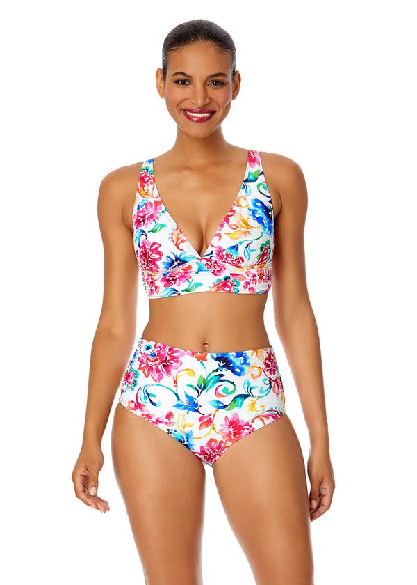 anne cole Women's Watercolor Paisley Soft Band Shirred Bralette Bikini Top