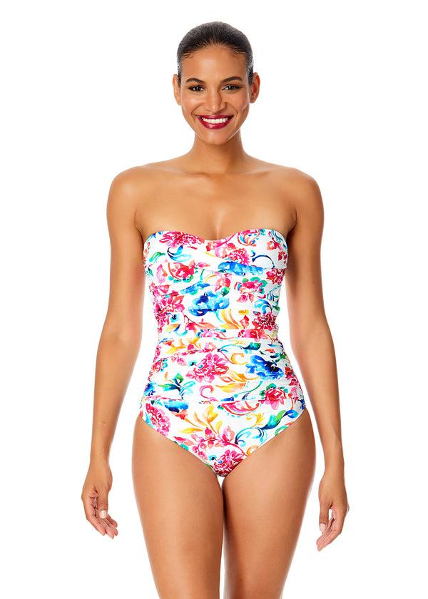 anne cole Women's Watercolor Paisley Twist Front Shirred One Piece Swimsuit
