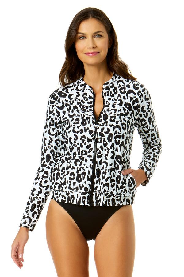 anne cole Women's Wild Cat Long Sleeve Zip Front Rash Guard Top