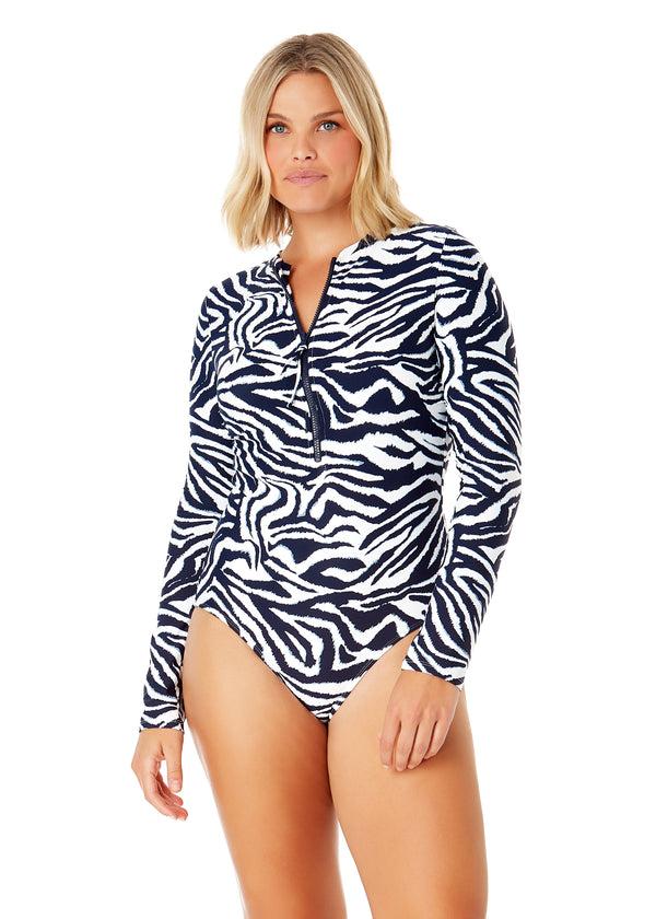 anne cole Women's Zebra Shadow Long Sleeve Front Zip Rash Guard Swimsuit