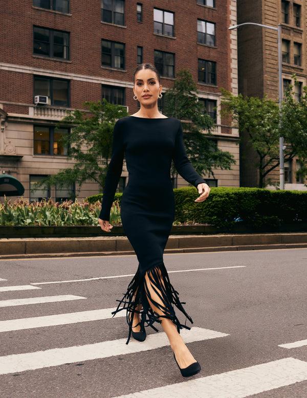 anne klein Asymmetric Fringe Dress Anne Black