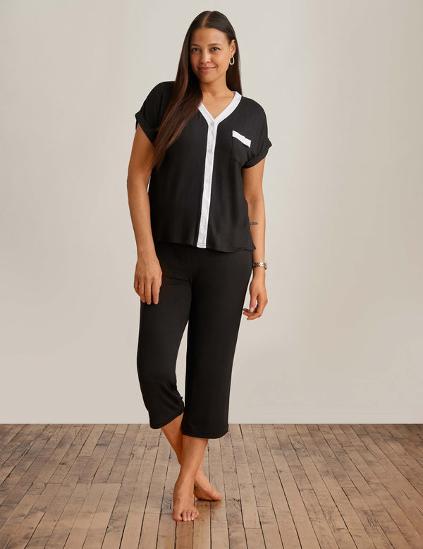 anne klein Button Front Capri Pajama Set Black