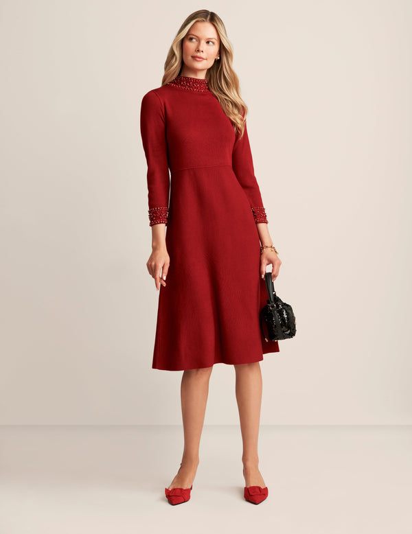 anne klein Embellished Mock Neck Dress Titian Red