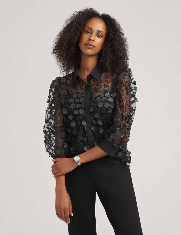 anne klein Floral Applique Blouse -Sale Anne Black