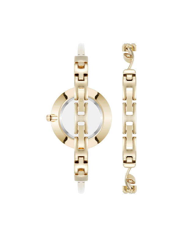 Anne Klein Floral Dial Bangle Watch Set Gold-Tone