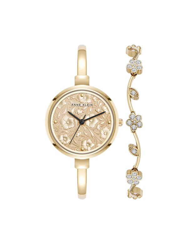 anne klein Floral Dial Bangle Watch Set Gold-Tone